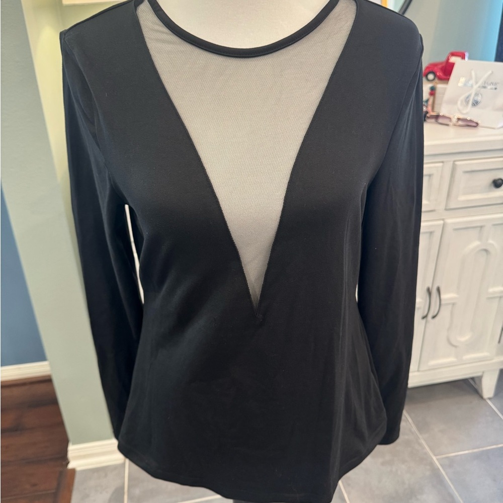 Elegant Black Mesh V-Neck Top
